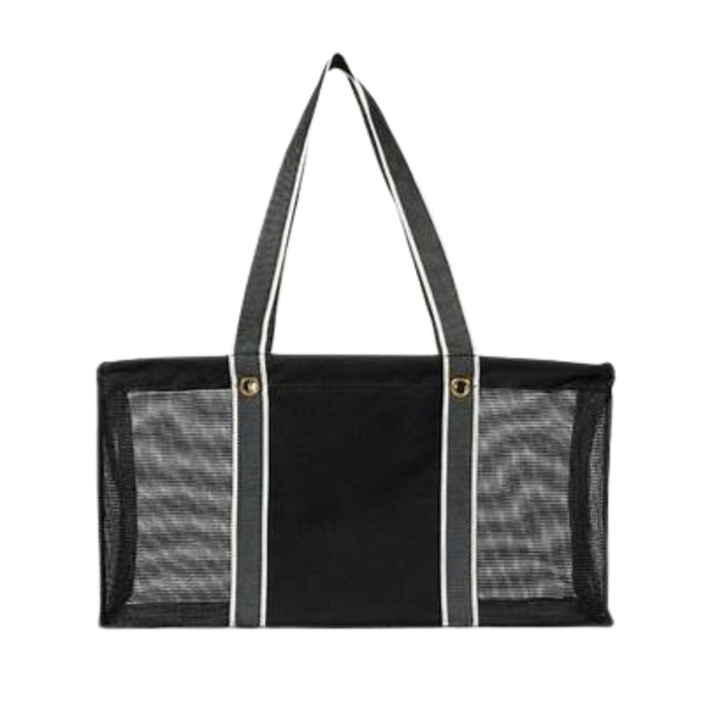 Black Mesh Tote Bag with Striped Handles